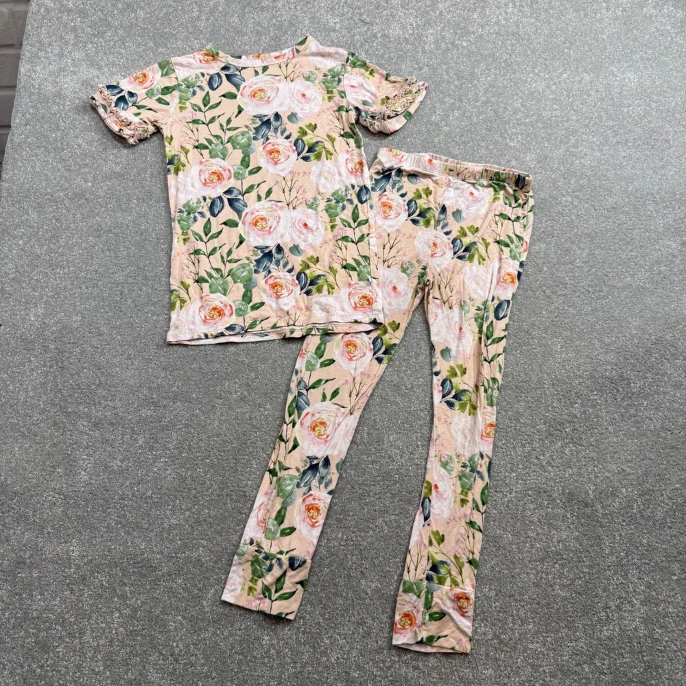 Posh Peanut Harper Bamboo Pajama Set Pink Floral Ruffle Sleeve‎ 7Y PJs Cottage